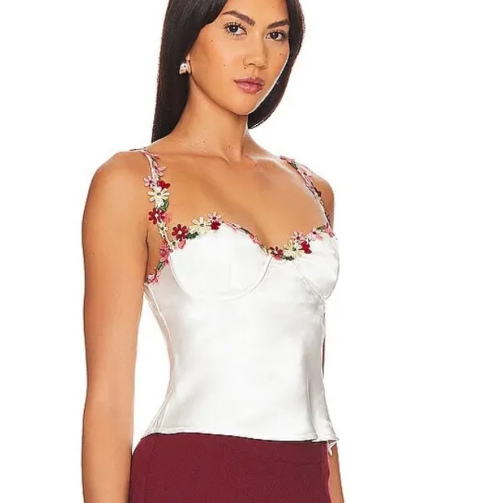 MORE TO COME Enid Bustier Floral Embellished White Camisole Top satin Revolve M - Picture 4 of 9